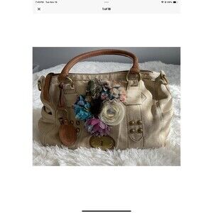 FOSSIL Grayson Beige Canvas Fabric Satchel Bag Added Floral Accessories ***READ